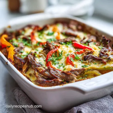 Low Carb Philly Cheesesteak Casserole with Bell Peppers in 40 Minutes Recipe Card