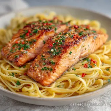 Quick Salmon Garlic Pasta in 30 Minutes Recipe Card