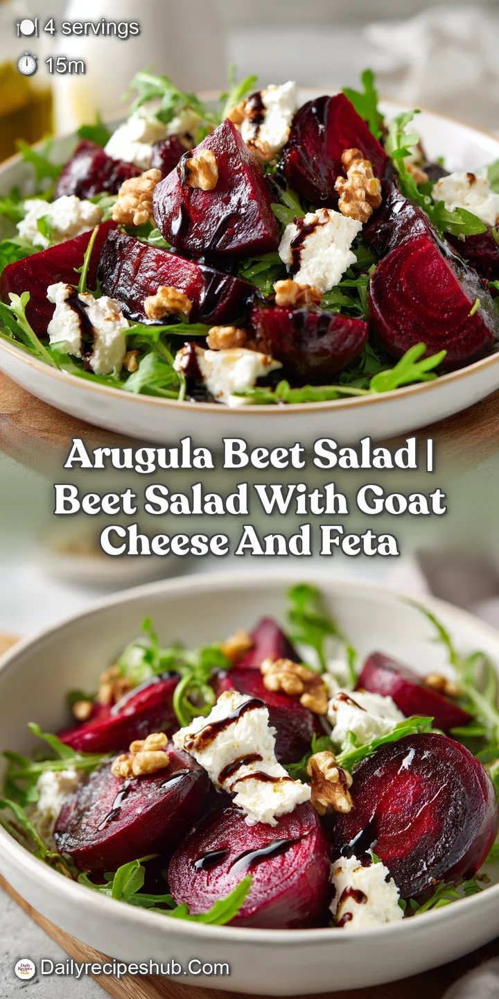 Close-up of earthy ruby beets and crisp greens, featuring creamy white cheese crumbles and a glistening oil drizzle.