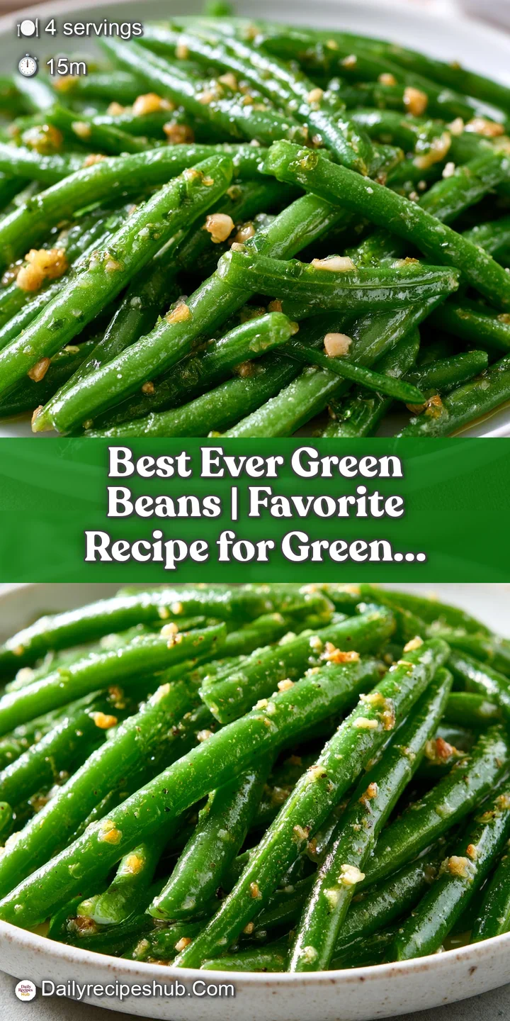 Macro shot of glistening, tender-crisp green beans tossed with golden brown garlic bits and wisps of steam.