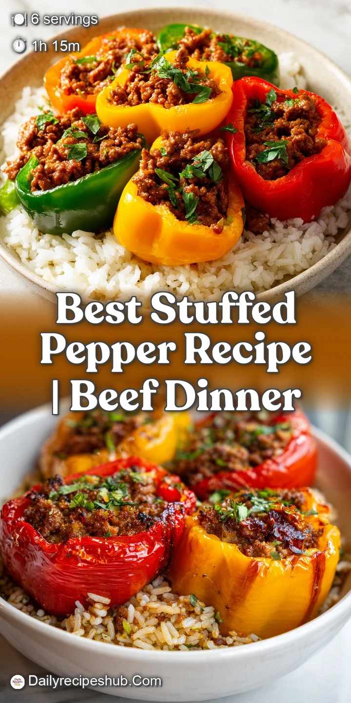 Close-up of savory browned beef and rice filling peaking out from a roasted pepper with gooey, melted golden cheese.