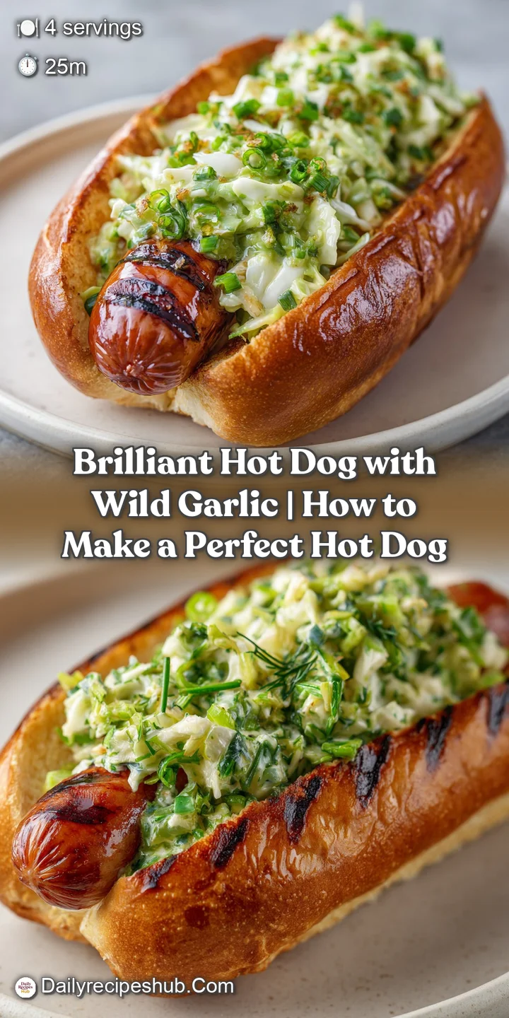Extreme close-up of a juicy, seared sausage topped with vibrant green garlic cloves and a drizzle of creamy sauce.