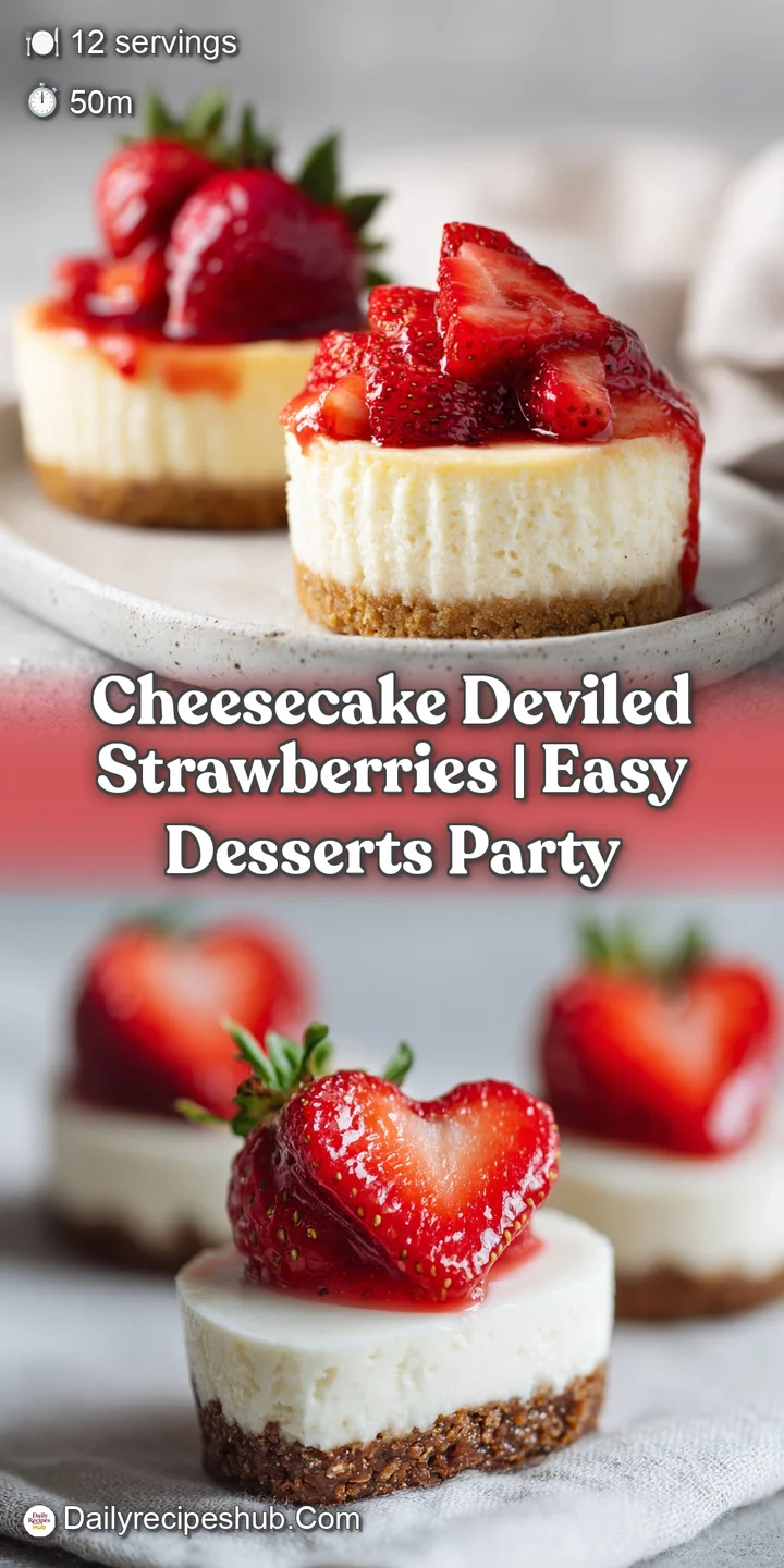 Close-up of a halved strawberry revealing a rich, velvety cheesecake filling and a crisp crumb topping.