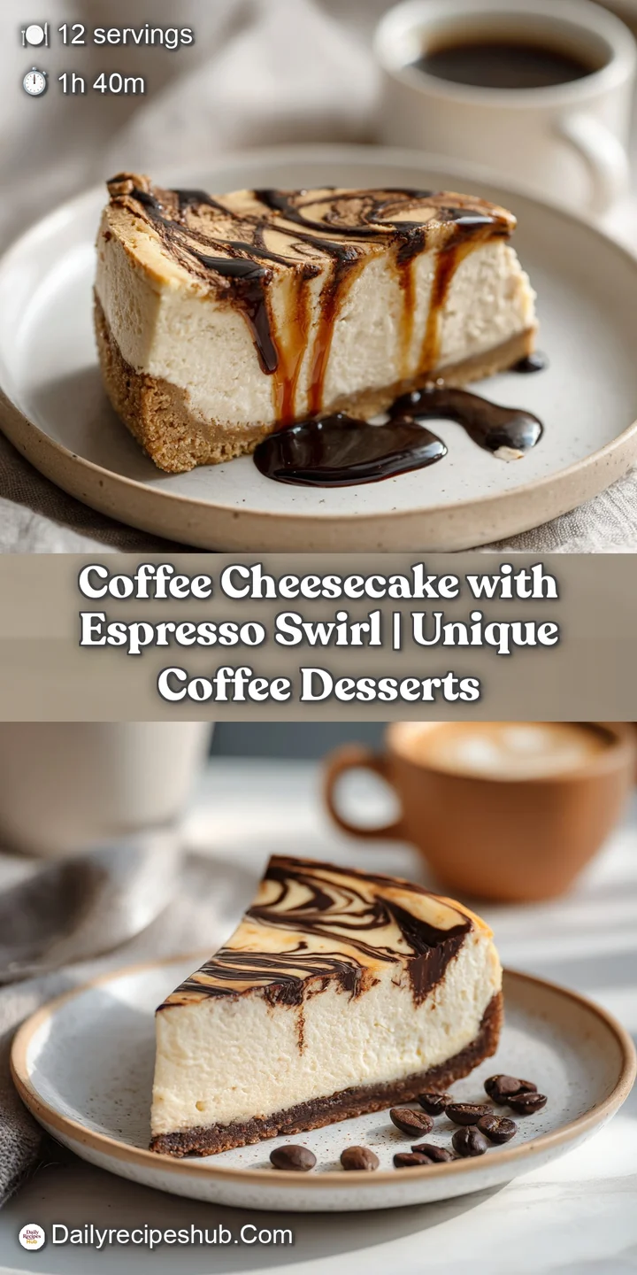Close-up of a velvety coffee cheesecake slice, showing smooth texture and bold espresso swirls.