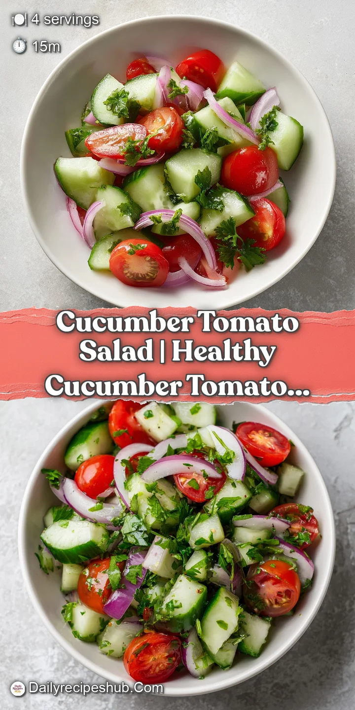 Close-up of glistening red tomatoes and crisp green cucumbers drizzled with oil and sprinkled with fresh herbs.