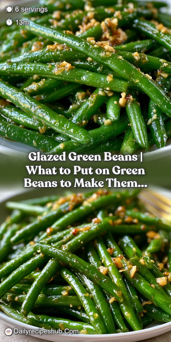 Macro shot of a glossy, golden-brown glaze clinging to crisp green beans, showing a rich, buttery texture.