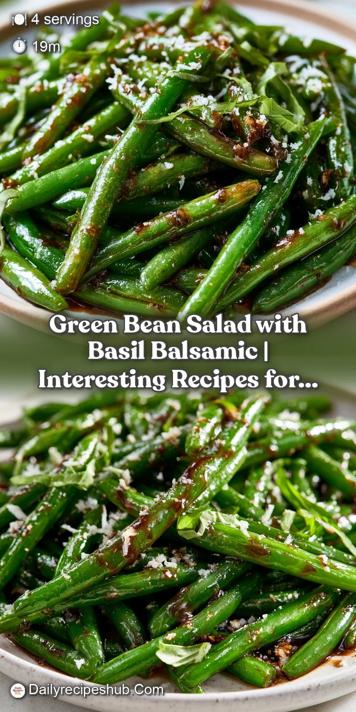 Close-up of glistening green beans coated in a rich, dark balsamic reduction with torn aromatic basil leaves on top.