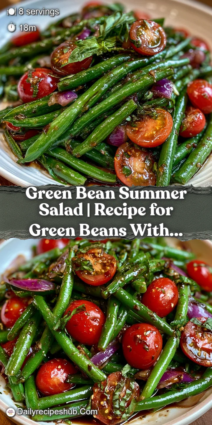 Close-up of glossy, blanched green beans coated in a zesty dressing with flakes of sea salt and cracked black pepper.
