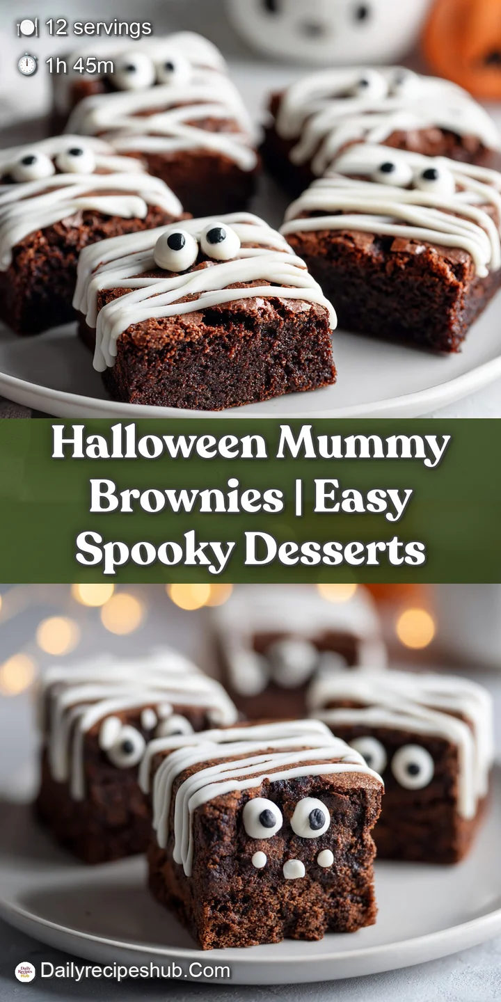 Close-up of a fudgy brownie with intricate white frosting mummy bandages and beady candy eyes.