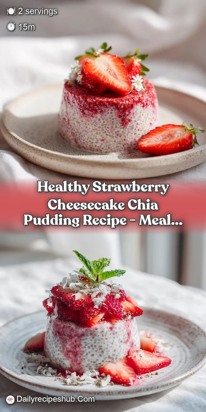 Close-up of smooth, white pudding dotted with juicy, red strawberry pieces.