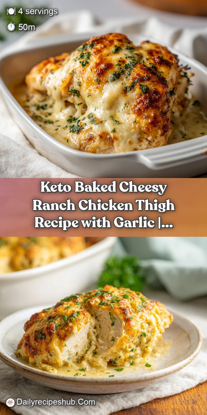 Close-up of tender, baked chicken thigh with bubbly, browned cheese and flecks of green herbs.