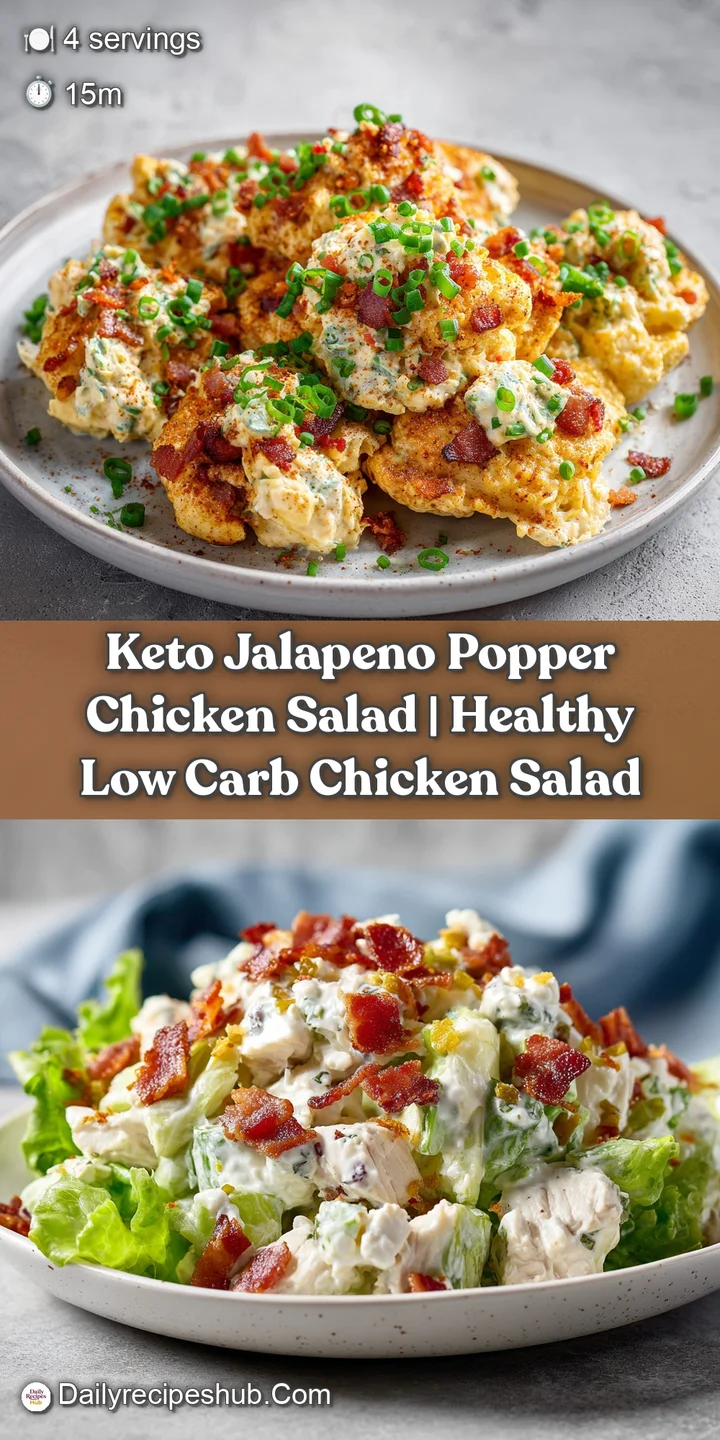 Close-up of the creamy chicken salad texture, studded with bright green jalapeno pieces and savory bacon crumbles, glisten...