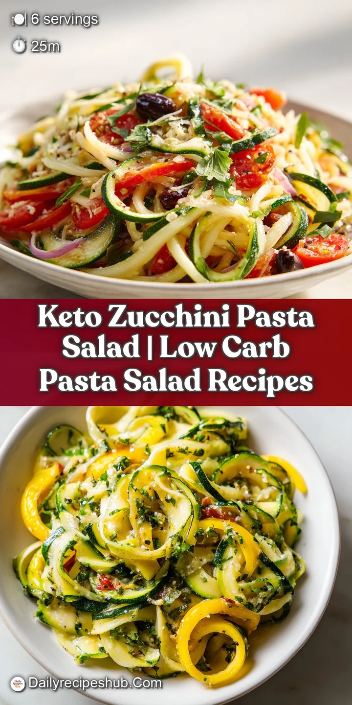 Close-up of glistening zucchini noodles intertwined with juicy red cherry tomatoes and crumbled feta.