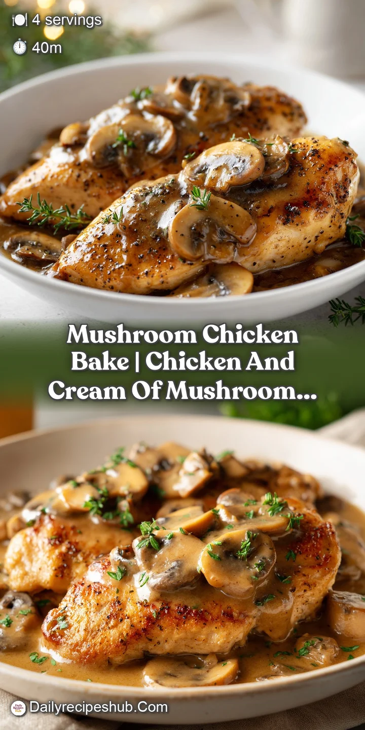 Close-up of juicy chicken breast smothered in a rich, velvety mushroom cream sauce with glistening brown mushrooms.