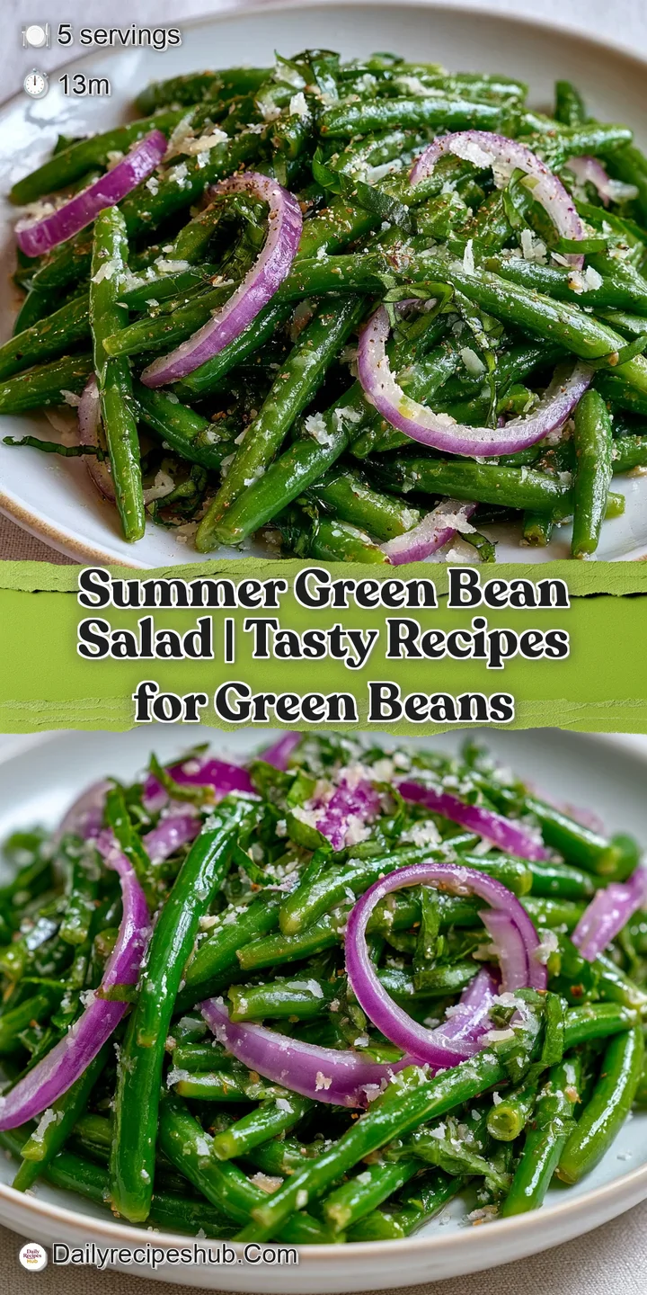 Macro shot of crisp, glossy green beans coated in a zesty dressing with tiny flecks of black pepper and salt.