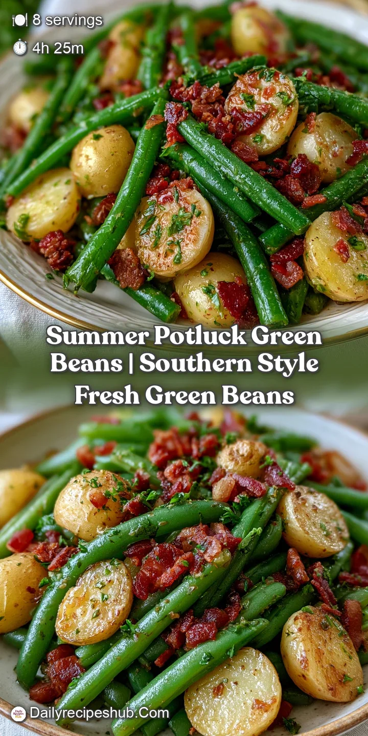 Macro shot of tender, bright green beans entwined with salty, crispy brown bacon bits and a glossy oil glaze.