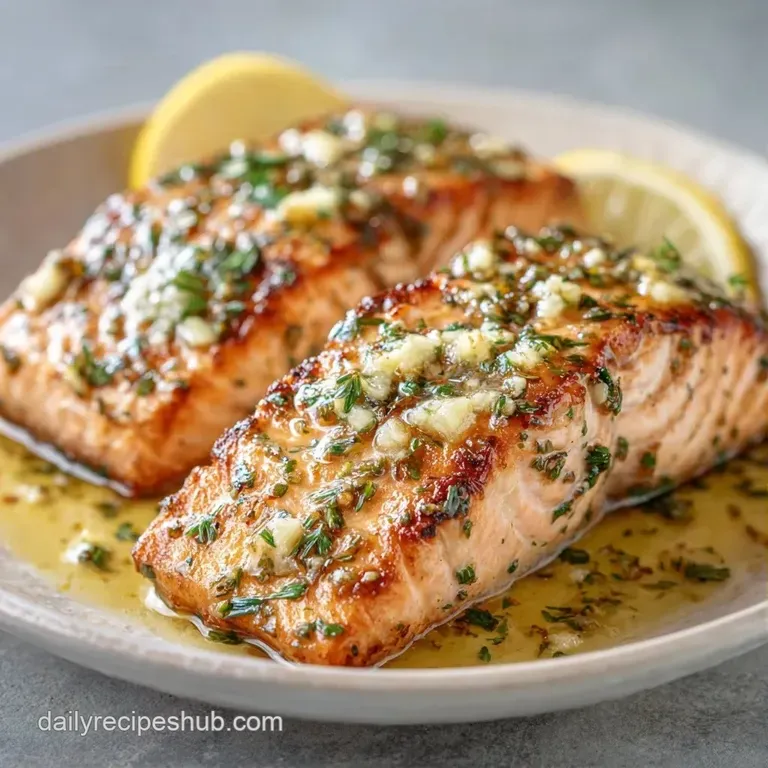 Golden seared salmon fillet on a white plate, drizzled with garlic butter and garnished with a fresh lemon wedge.