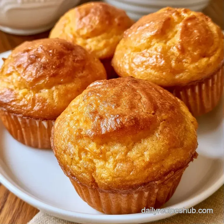 Three golden muffins on a white ceramic plate with a light dusting of powdered sugar and fresh raspberries.