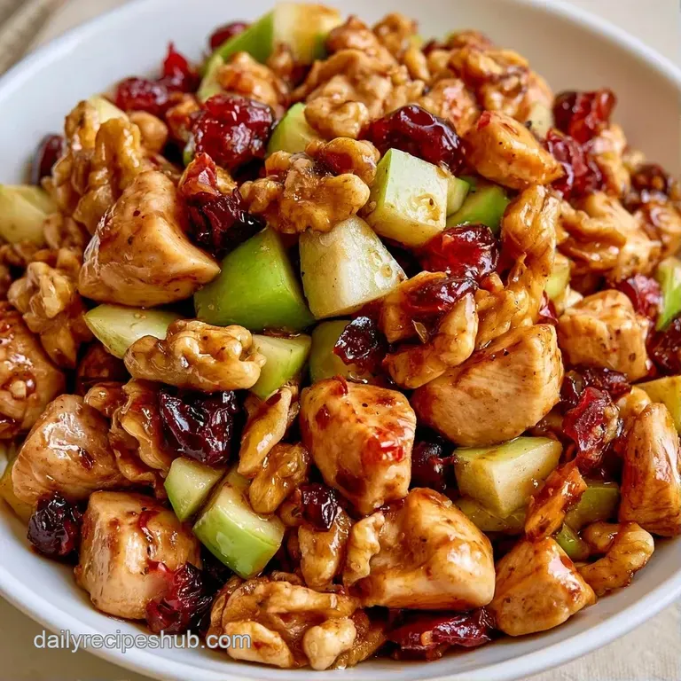 Elegantly plated cubes of juicy chicken and tart green apples drizzled with a creamy glaze in a white ceramic bowl.
