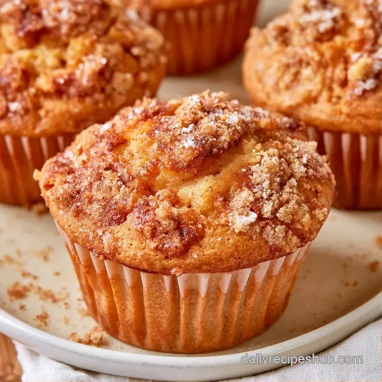 Warm, moist muffins stacked on a white ceramic plate beside a steaming cup of coffee and a soft linen napkin.