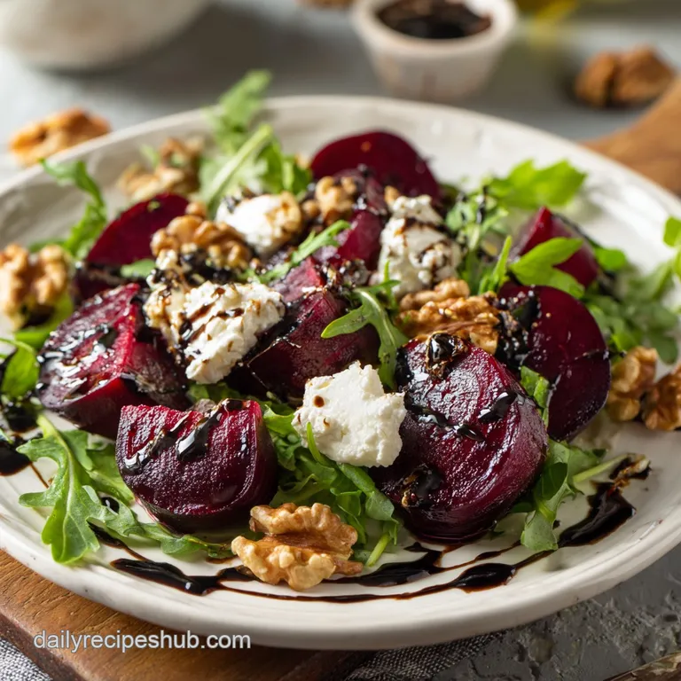 Ruby red beet rounds nestled on a bed of crisp greens, garnished with creamy white cheese and a light honey glaze.