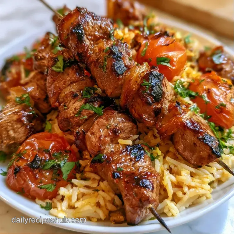 Long grilled meat skewers paired with blistered red tomatoes and a mound of steaming white rice on a platter.