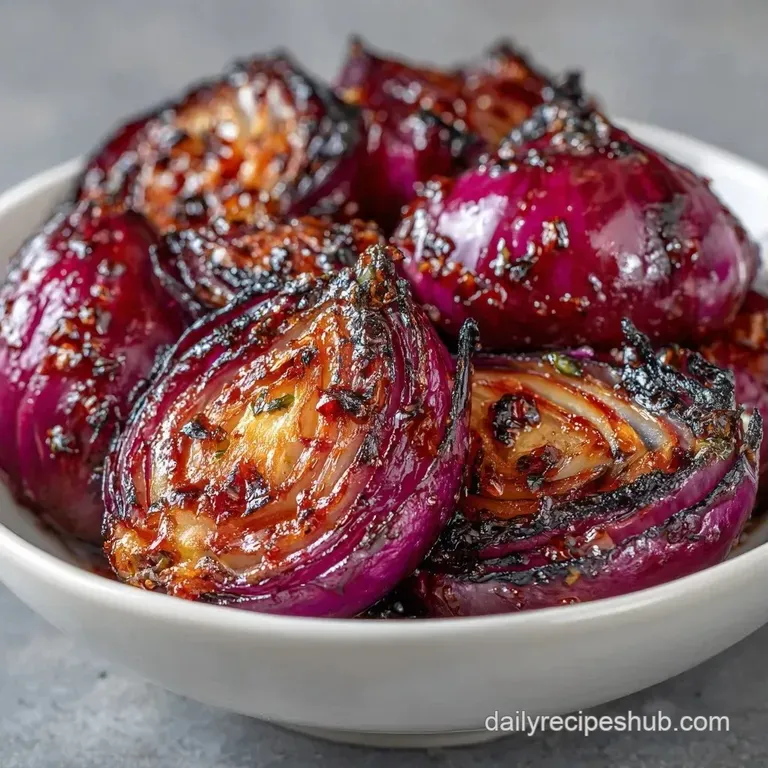 Tender purple onion wedges glazed in dark syrup, elegantly arranged with a sprinkle of fresh green herbs.