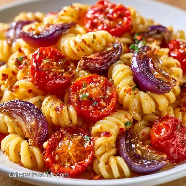 Elegant twirl of pasta topped with blistered red tomatoes, shaved parmesan, and a drizzle of dark balsamic glaze.