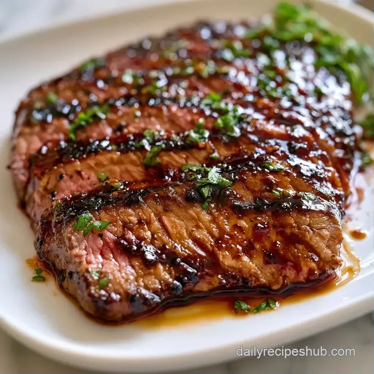 Sliced medium-rare steak on a white plate, drizzled with a glossy dark glaze and topped with fresh green parsley.