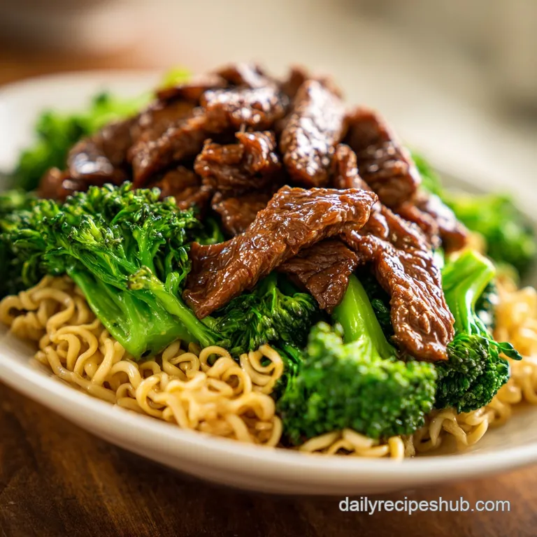 Glazed beef and bright broccoli atop curly noodles in a ceramic bowl, finished with white sesame seeds and scallions.