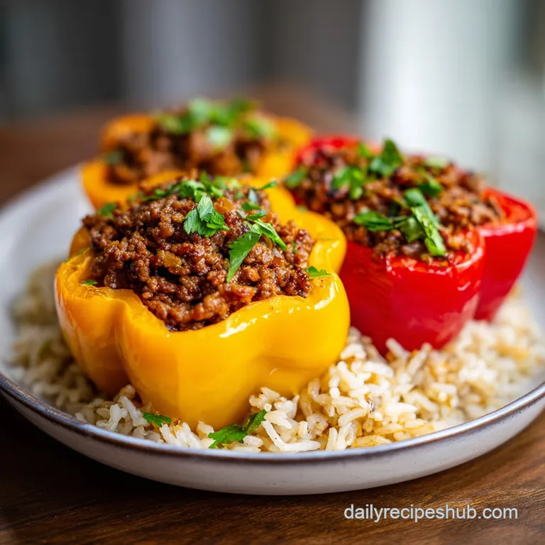 Two vibrant red peppers topped with bubbling melted cheese, served on a white ceramic plate with a side of herbs.