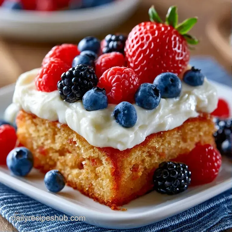 Square slice of soft cake with creamy white frosting and fresh berries served on a minimalist white porcelain plate.