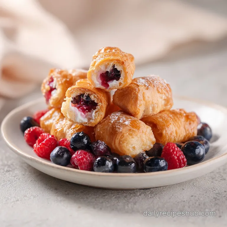 Flaky, buttery pastries arranged on a white ceramic plate with fresh mint leaves and a drizzle of maple syrup.