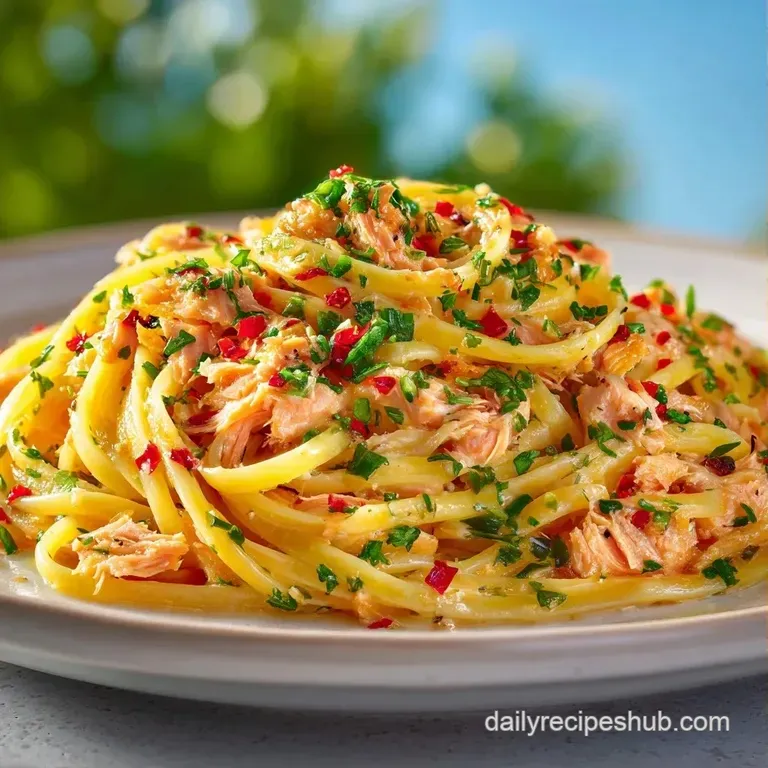 Elegant swirl of pasta topped with tender salmon flakes and bright green herbs in a shallow white ceramic dish.