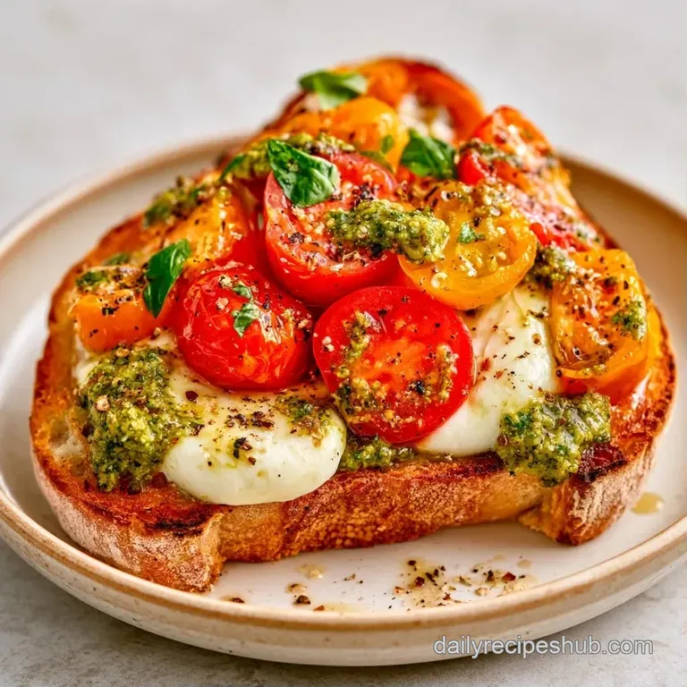 Crusty ciabatta sandwich sliced in half, revealing melted cheese and red tomatoes on a white ceramic plate.