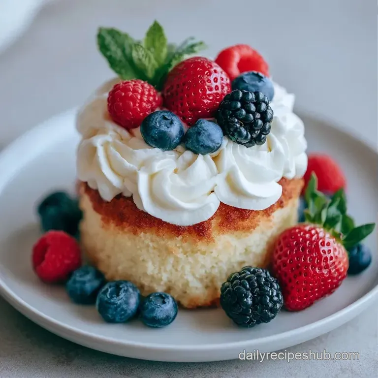 A slice of sponge cake on a white porcelain plate, topped with swirls of cream and neatly arranged ripe berries.