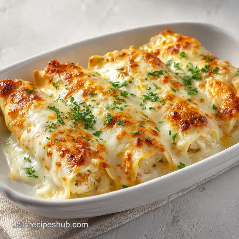 Two creamy rolled pasta portions on a white plate, drizzled with white sauce and garnished with fresh green parsley.