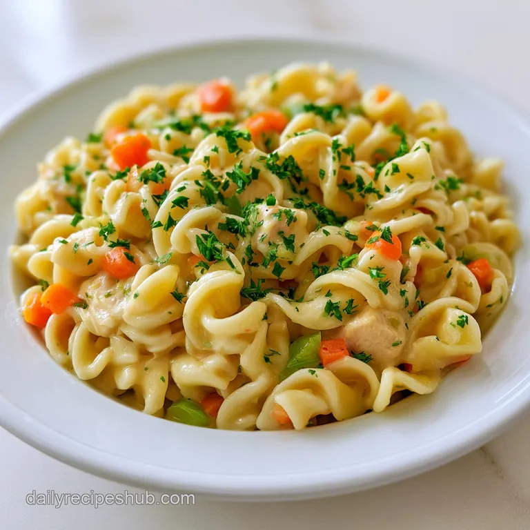 A heap of creamy wide noodles and chunks of chicken topped with fresh parsley on a white ceramic plate.