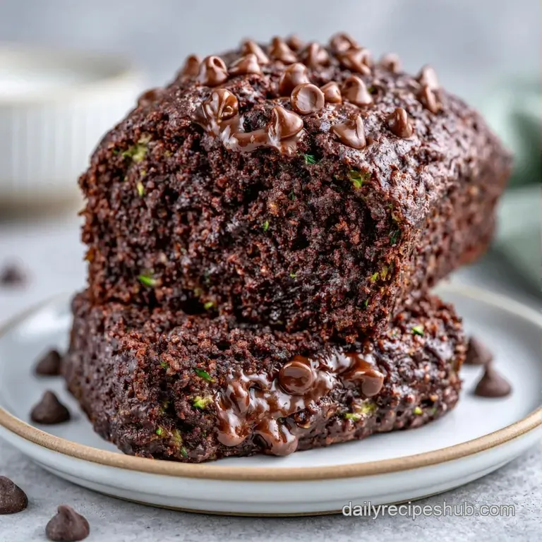 A thick slice of dark chocolate cake on a white plate, topped with a dollop of cream and a sprinkle of cocoa powder.