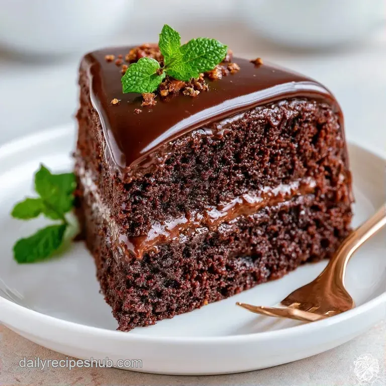 A precise slice of dark chocolate cake on a white plate with a side of fresh berries and a dusting of cocoa powder.