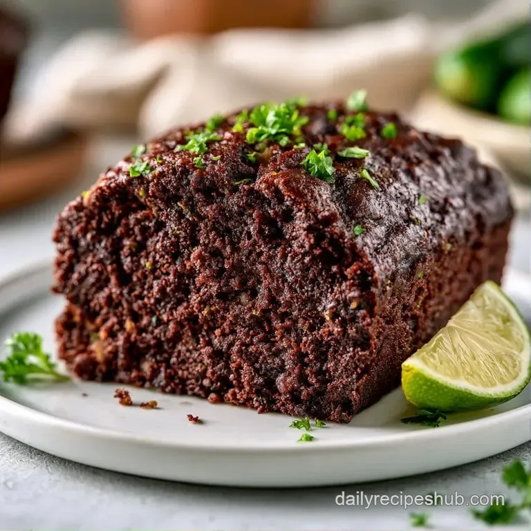 A thick slice of dark cocoa bread on a white plate, topped with a dollop of cream and a sprig of fresh mint.