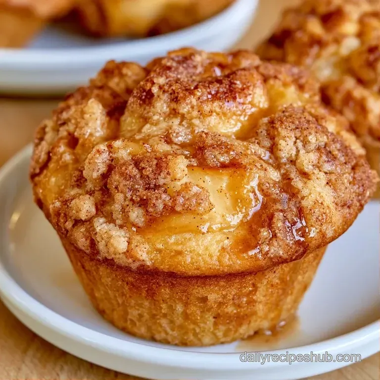 A tower of golden-brown muffins on a rustic wooden board, garnished with whole cinnamon sticks and apple slices.
