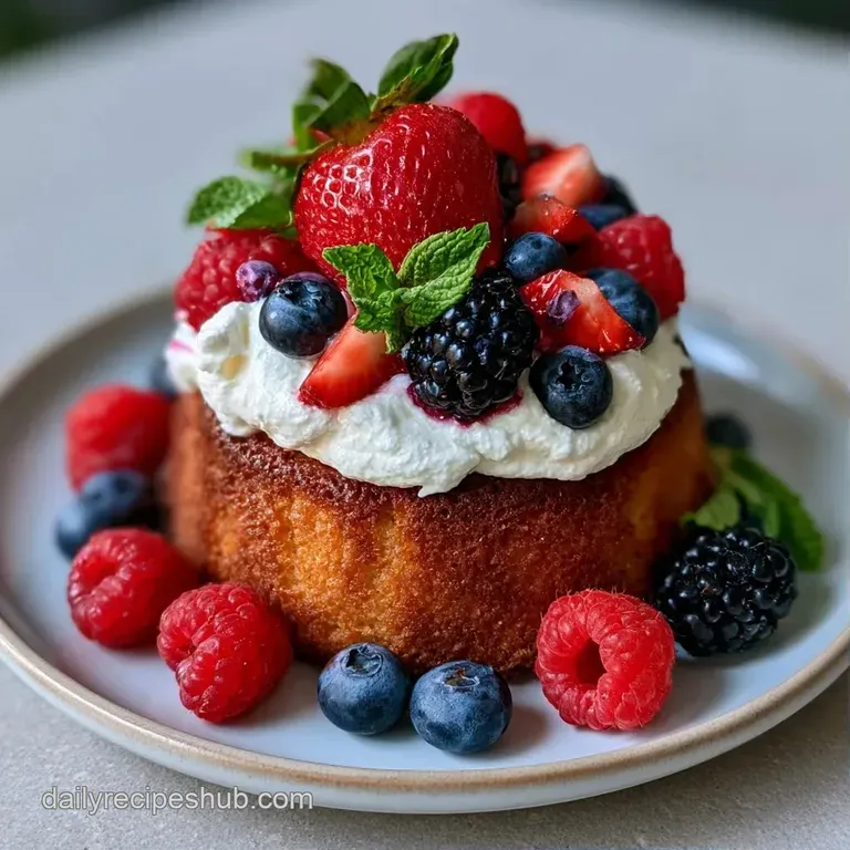 Golden cake slices on a white platter, garnished with mint leaves and tart berries under soft, natural sunlight