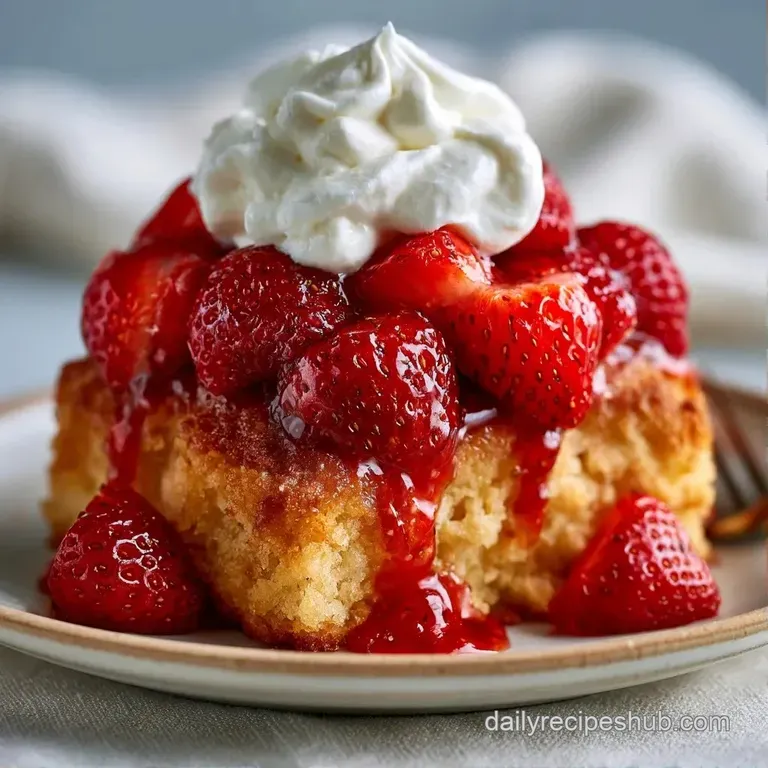 Layered golden-brown biscuits with glossy macerated strawberries and pillowy whipped cream topped with a mint leaf.