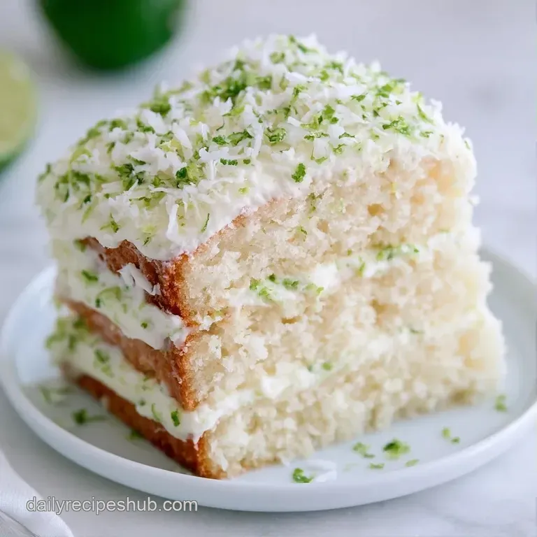 A tall white cake slice on a ceramic plate, accented by fresh lime wedges and a sprinkle of snowy coconut flakes.