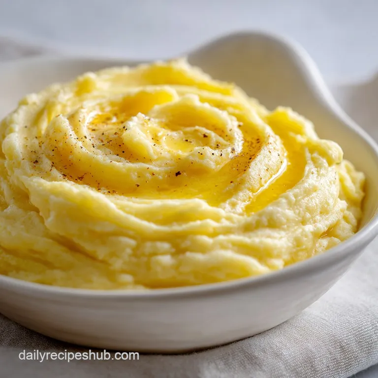 A smooth swirl of velvety white puree on a dark slate plate, garnished with fresh parsley and a drizzle of melted butter.