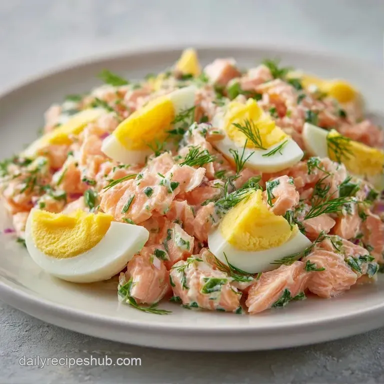 Neatly scooped pink salmon salad atop toasted sourdough, garnished with microgreens and a bright lemon wedge.