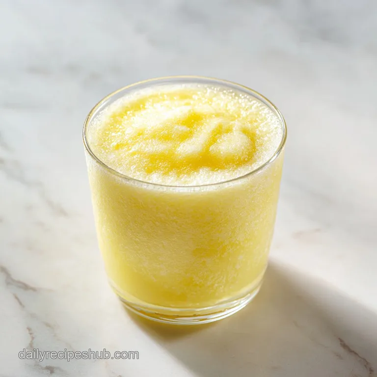 Icy pale yellow beverage in a frosted glass beside fresh lemons and mint leaves on a minimalist marble surface.