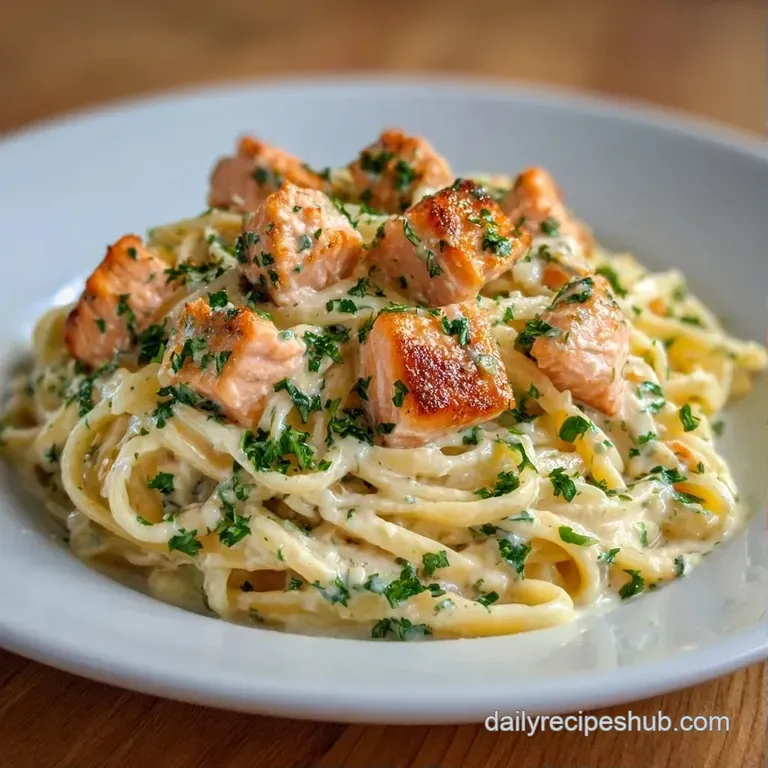 Elegantly plated pasta in a white bowl, topped with flaky pink salmon, fresh green parsley, and cracked black pepper.