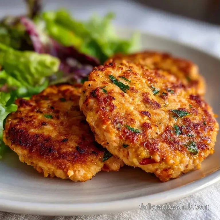 Three seared pink fish cakes arranged on a white plate with microgreens and a drizzle of lemon-caper butter sauce.